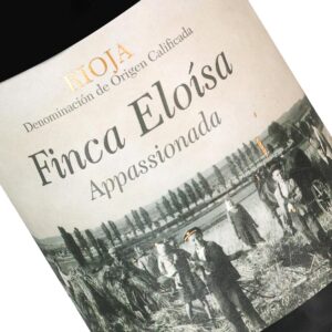 A wine bottle label featuring Finca Eloisa Appassionata with a vintage vineyard image.