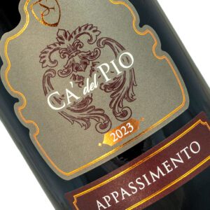 Close-up of a Calpio 2023 Appassimento wine label with ornate design.