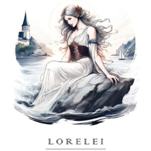 A serene woman in white sits on a rock by the water near a distant tower.